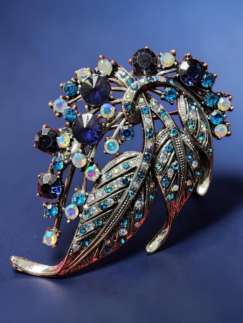 Blue Crystal Leaf Brooch